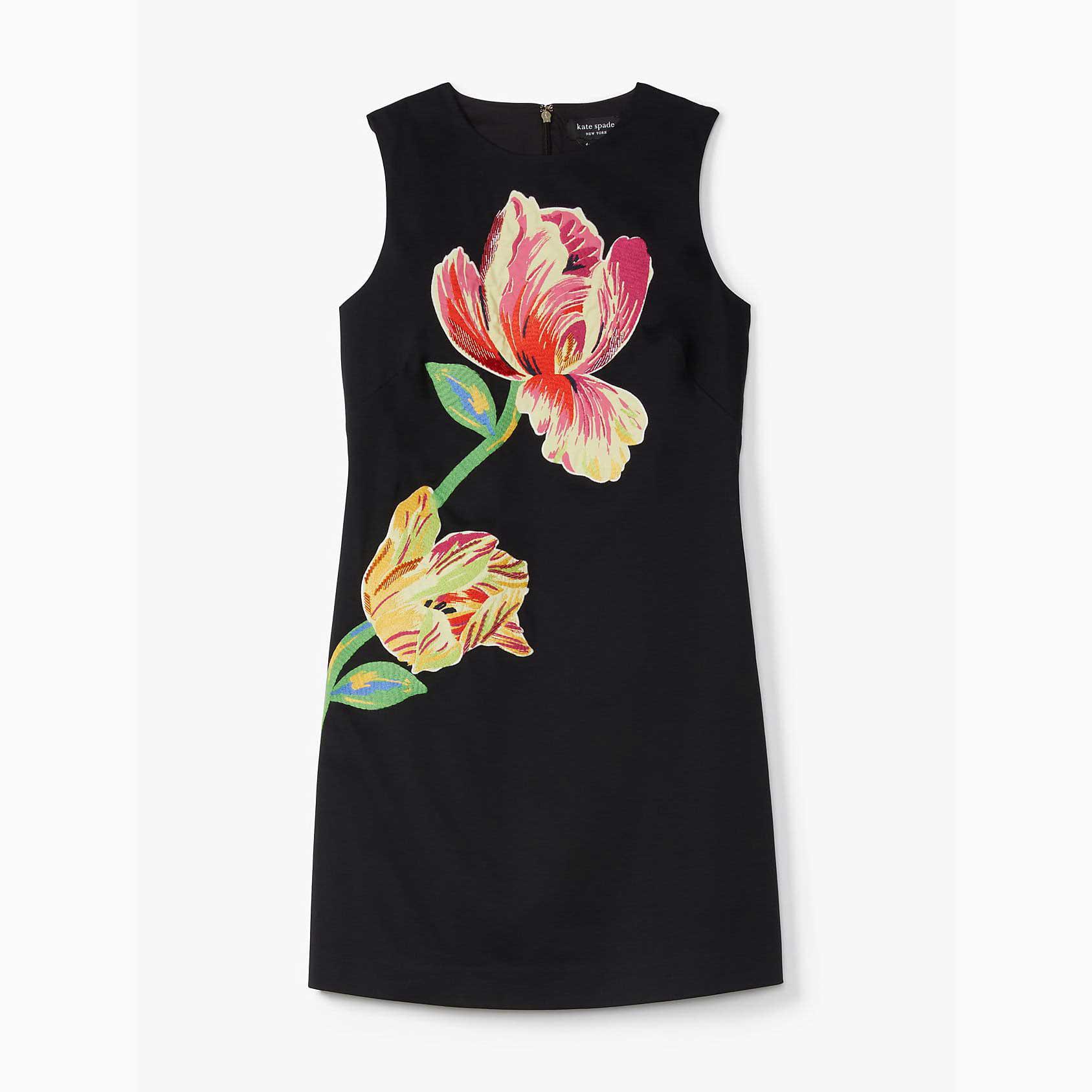 Kate Spade In Bloom Smocked Waist Black Floral Knee Length Dress Womens  Size XS